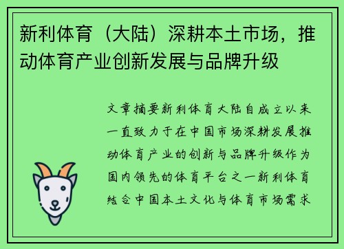 新利体育（大陆）深耕本土市场，推动体育产业创新发展与品牌升级